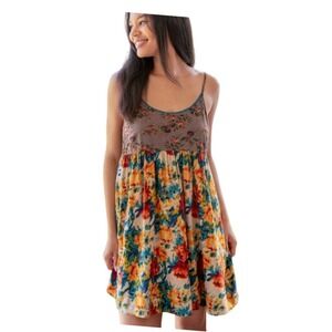 Natural Life Gigi Mini Dress Mixed Print Boho Floral Babydoll Teal Rose Brown M